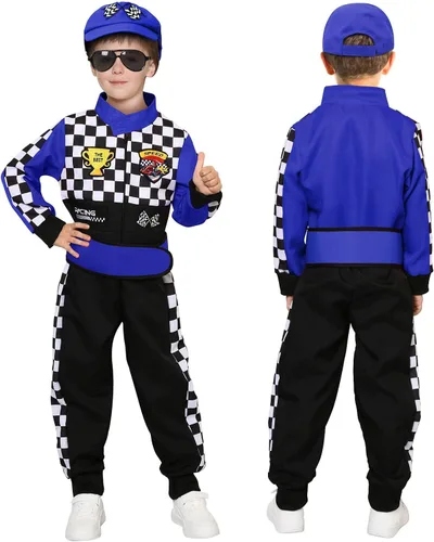 Vista 2 de Latocos Disfraz de piloto de carreras para niños y niñas, overol de corredor con gorra de automóvil, lentes de sol, disfraz para niños, juego de rol