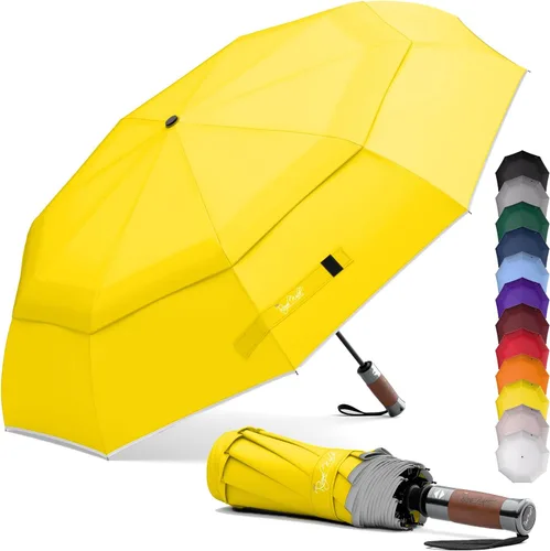 Vista 11 de Royal Walk Paraguas plegable resistente al viento, viaje compacto y fuerte, lujoso, mango de madera real, apertura y cierre automático, doble toldo