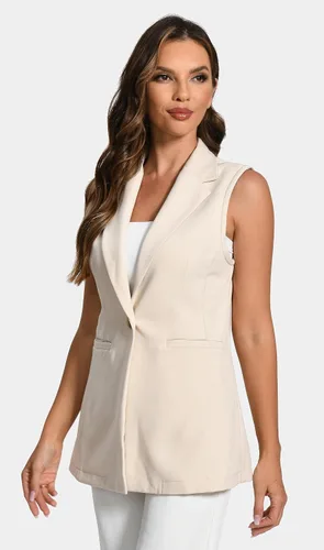 Vista 2 de Foucome Chaleco largo sin mangas para mujer, con solapa, traje de oficina, informal, chaqueta de gabardina