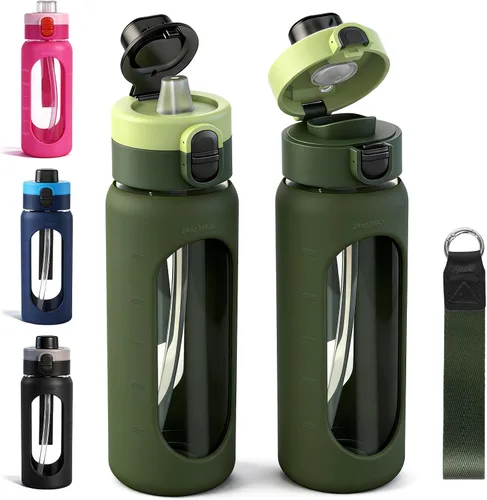 Vista 10 de ANOTION Botella de agua de vidrio de 24 onzas con popote y funda de Negro