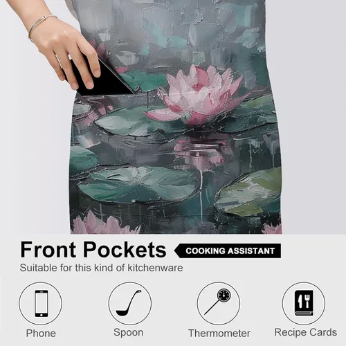 Vista 5 de MUSM Apron for Adults - 27.6 X 31.5 Inch, Heavy-Duty Polyester Aprons with Two Large Pockets, Waterproof Peach Water Lily Painting Kitchen Apron for