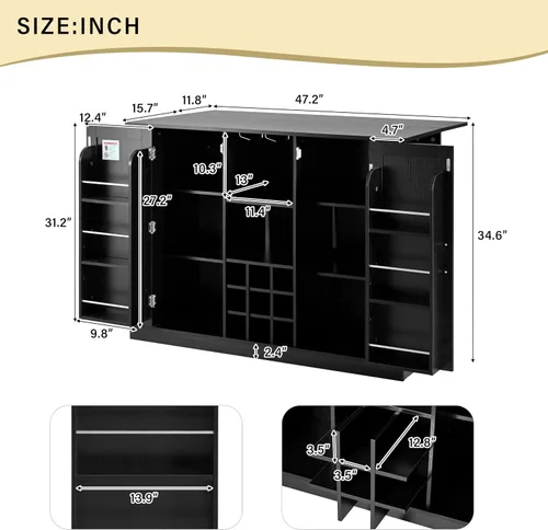 Vista 3 de 47.2" Multifunctional Kitchen Island with Drop Leaf & Power Outlet – Wine Bar with Bottle Rack, Coffee Station, 2-Door Storage & Adjustable Shelves