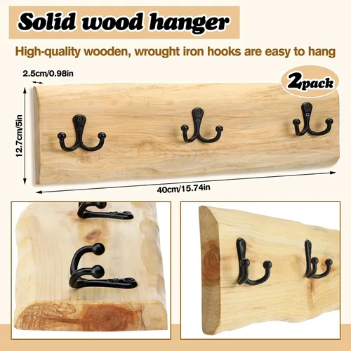 Vista 4 de Threehoney 2 percheros de madera para montaje en pared, estilo granja de 15.8 pulgadas con 3 ganchos, colgador de pared resistente para colgar