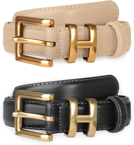 Vista 367 de Cinturón de cuero clásico con hebilla de metal para mujer con vestido de jeans