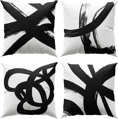 Vista 13 de Juego de 4 fundas de almohada abstractas de color negro y beige de 16 x 16 pulgadas, modernas fundas de cojín a rayas para sala de estar, sofá