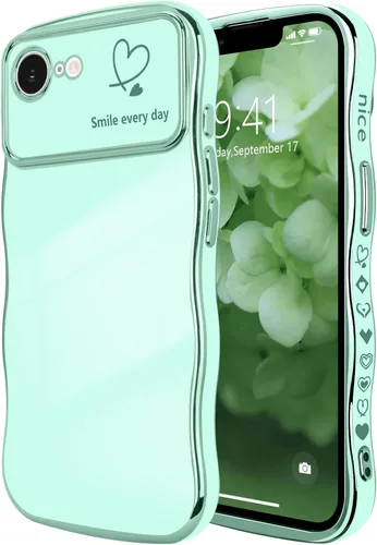 Vista 97 de LCHULLE - Funda para iPhone Air, linda para mujeres y niñas, con forma de onda, color azul bebé Luxury Plating Curly Wavy Frame with Love Heart