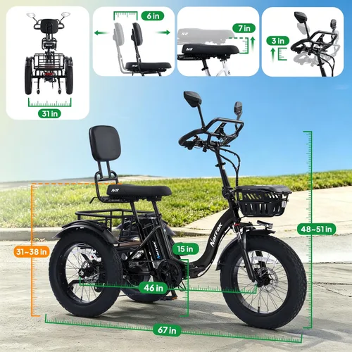 Vista 7 de NARRAK Triciclo eléctrico para adultos, triciclo eléctrico plegable con neumáticos gruesos, bicicletas eléctricas de 3 ruedas, pico de 1350 W