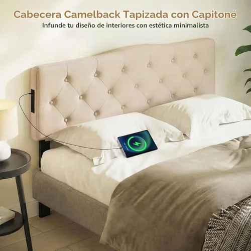 Vista 6 de GIANTEX - Cabecera con estación de carga, tamaño Queen/Matrimonial, tapizada con botones y 2 salidas de CA, puerto USB y tipo C, patas de madera