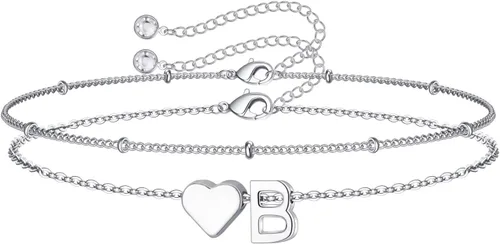 Vista 37 de M MOOHAM Pulseras de oro con inicial de corazón para mujer, pulseras con dije de letra A-Z de corazón dorado en capas para mujer, pulseras