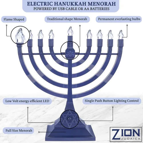 Vista 7 de Menorá eléctrica con luces LED, de Zion Judaica, funciona con batería o USB
