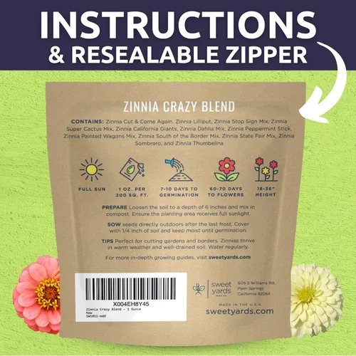 Vista 4 de Zinnia Crazy Blend - Paquete grande de 1 onza - 4,000 semillas de flores para plantar - Zinnia elegans
