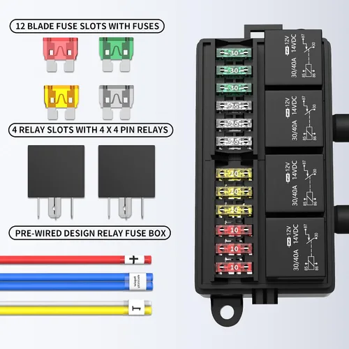 Vista 3 de RVBOATPAT Caja de relé de fusibles de 12 voltios precableada Caja de fusibles y relé con 4 relés y fusibles ATC/ATO de 12 vías Sellada Bloque