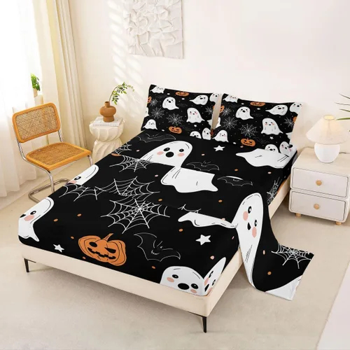 Vista 22 de Feelyou Cat Bed Sheets Set Twin Size Halloween Themed Bed Set Trick or Treat Deep Pocket Fitted Sheet Scaredy Cat Breathable Soft Lightweight