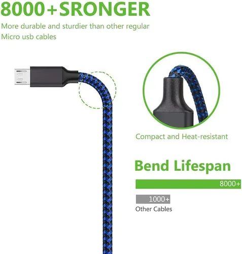 Vista 6 de Cable micro USB, paquete de 3 cables de carga Android de 10 pies, cable largo de nailon trenzado de sincronización y carga rápida compatible