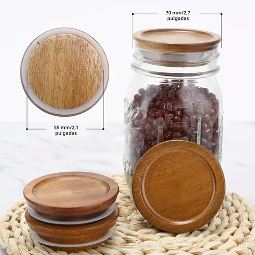 Vista 2 de Paquete de 6 tapas para frascos Mason de boca regular, tapas reutilizables para enlatado, tapas para frascos Mason de madera de acacia con sello