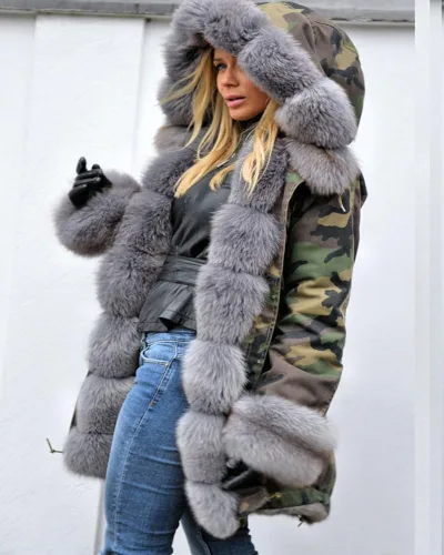 Vista 5 de Roiii Women Thicken Warm Winter Coat Hood Down Parka Faux Fur Outdoor Overcoat Long Jacket Outwear