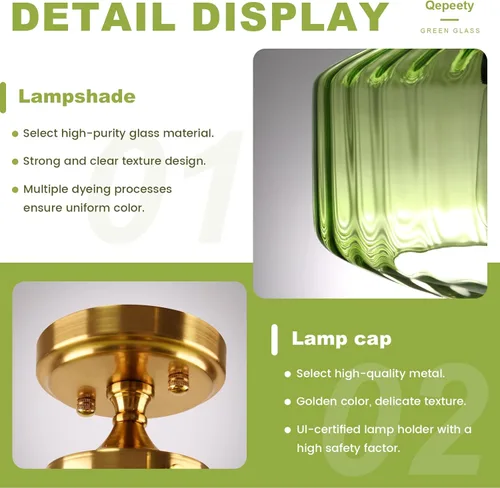 Vista 6 de Lámpara de Techo Verde Semiempotrada Vintage de Latón Antiguo Luz Empotrada Superior de Cristal Dorado Candelabro para Casa de Campo Armario Entrada