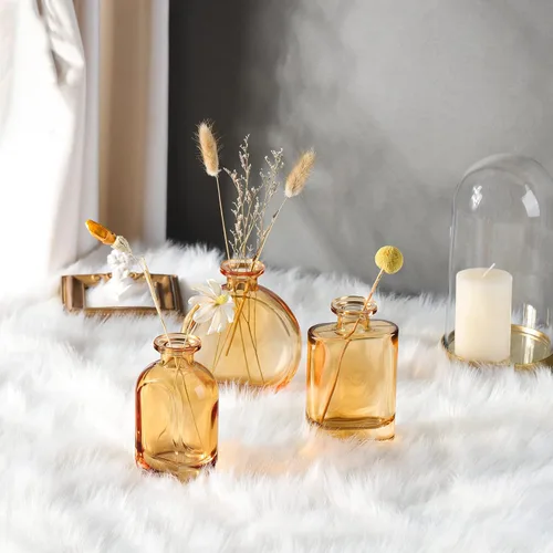 Vista 2 de Joeyan Juego de 3 jarrones de cristal ámbar – Florero decorativo rústico – Jarrón pequeño para botellas de centro de mesa para bodas, hogar