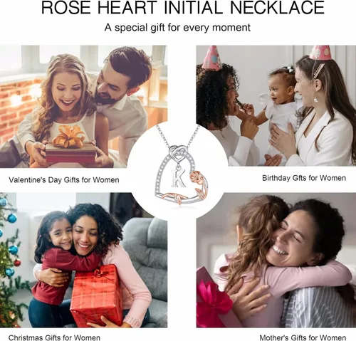 Vista 5 de Iefil Collares de corazón de rosa, regalos para mujer, collares de plata de ley 925 con inicial de corazón, regalos de cumpleaños de aniversario