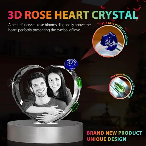 Vista 9 de 3D Crystal Photo with Red Crystal Rose, Personalized Mothers Day Gifts for Mom, Wife, Women, Her, Girlfriend, Couple, Customized Glass Photo