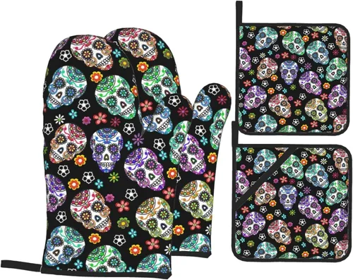 Vista 16 de Juego de 4 guantes de horno y soportes para ollas florales de los años 70, resistentes al calor, para cocina, hornear, asar a la parrilla, barbacoa