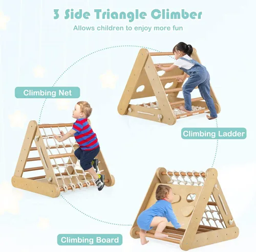 Vista 3 de HONEY JOY Escalador triangular 4 en 1 con rampa, escalera triangular de 3 lados para niños con cuerda de red y barras, juguetes de escalada Natural