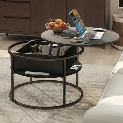 Vista 6 de HOJINLINERO Mesa de centro redonda elevable, con compartimento oculto de almacenamiento, decoración de mesa de centro de madera de granja