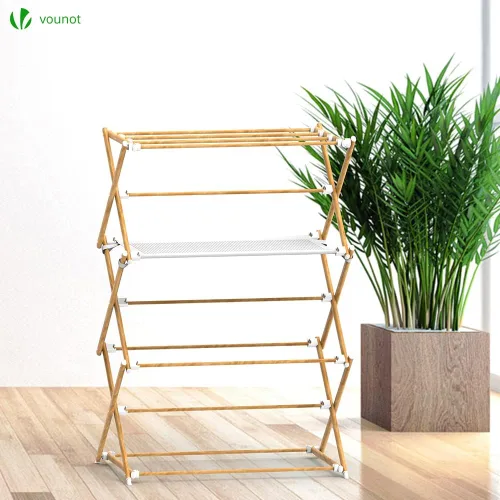 Vista 7 de VOUNOT Torre extensible plegable para ropa con 3 niveles de aspecto de madera de metal, 29.5 x 24.8 x 66.5 in