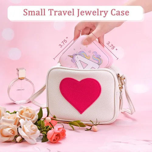 Vista 5 de Joyero de viaje con inicial de unicornio Mini joyero portátil organizador de joyas Regalos personalizados para niñas (letra A)