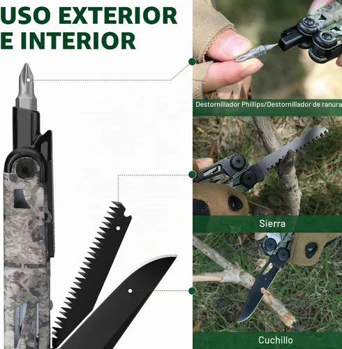 Vista 5 de FLISSA Multiherramienta, cuchillo de bolsillo multiherramienta 15 en 1 con funda, alicates multiherramienta EDC de acero inoxidable para hombres
