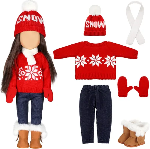Vista 12 de Bencailor 6 piezas de ropa y accesorios de Navidad para muñeca de 18 pulgadas, conjunto de ropa de invierno con suéteres, pantalones, sombreros Negro