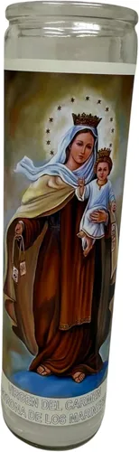 Vista 4 de Virgen del Carmen veladora de rezo sin fragancia 14 oz Vaso Grande UNA pieza Vela de oración de una pieza 14 oz de vidrio alto oración al reverso