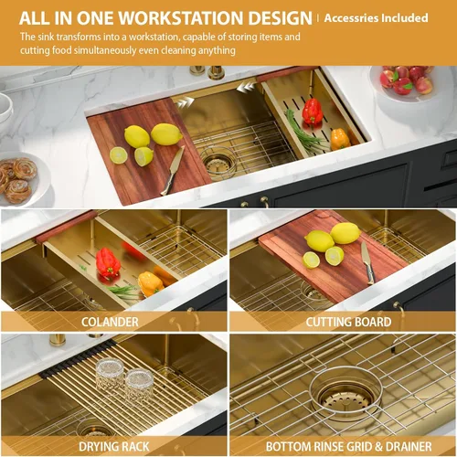 Vista 7 de Mocoloo Fregadero de cocina dorado 33 – Fregaderos de cocina empotrados de 33 x 19 pulgadas, estación de trabajo, fregadero dorado, fregadero