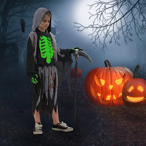 Vista 7 de Neragron Disfraz de la parca para niños y adultos, esqueleto que brilla en la oscuridad, disfraz de Halloween, guadaña con guantes incluidos