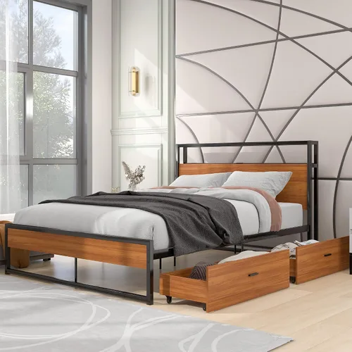 Vista 11 de VilroCaz Cama de plataforma de tamaño matrimonial con enchufes y puertos USB, marco de cama de plataforma de metal moderno con cajones, soporte