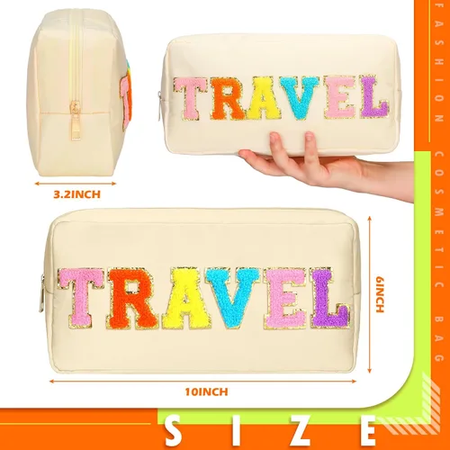 Vista 2 de Pinkunn 4 bolsas de maquillaje de chenilla con parche de letras de chenilla, bolsa de cosméticos para viajes de verano, playa, sol, bolsa