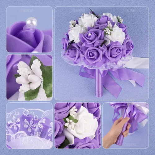 Vista 6 de AUEAR, Ramos de novia de flores para dama de honor, perla de seda, rosa artificial para fiesta de novia e iglesia (morado)