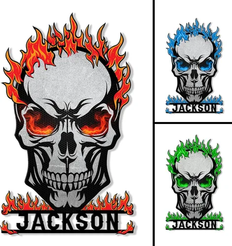 Vista 18 de Letrero de metal personalizado con calavera, letrero colgante de calavera para porche al aire libre, valla de pared con nombre personalizado, patio