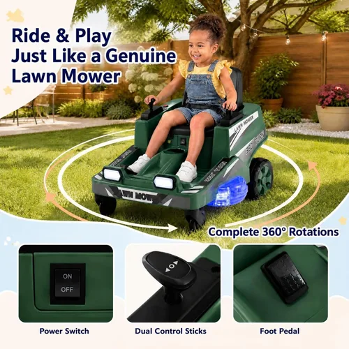 Vista 2 de GLACER Cortacésped de giro cero para niños de 12 V, coche eléctrico con Verde