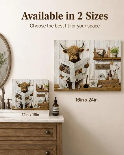 Vista 6 de Divertido arte de pared de baño de vaca de las tierras altas, rústico, color marrón, lindo animal, pintura, imagen, decoración de pared, ganado