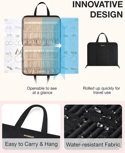 Vista 2 de BAGSMART Estuche organizador de joyas de viaje, bolsa portátil para joyas, sin enredos, almacenamiento de collares, bolsillos transparentes