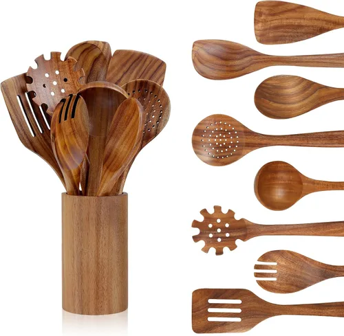 Vista 8 de comfoyar Juego de utensilios de cocina de madera, 7 cucharas de madera de teca natural para cocinar con espátula y cucharón, utensilios de cocina