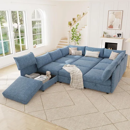 Vista 33 de 95.5" Sofá seccional modular de chenilla con almacenamiento oculto, sofá cama convertible en forma de L y U, sofá seccional moderno de 6 plazas