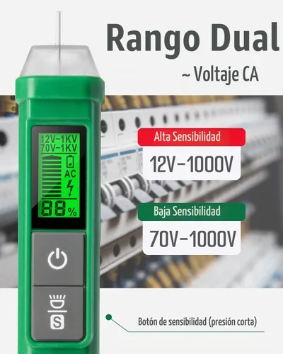 Vista 4 de TESMEN - Probador de voltaje, detector de voltaje sin contacto TN-213, probador eléctrico, CA 12V-/70V-1000V, doble rango, pantalla LCD