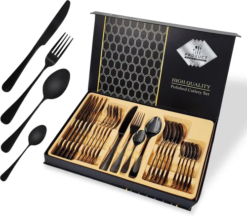 Vista 10 de Juego de cubiertos dorados de acero inoxidable para 6 personas, juego de cubiertos de cocina, utensilios de regalo, cuchillo, tenedor, cuchara