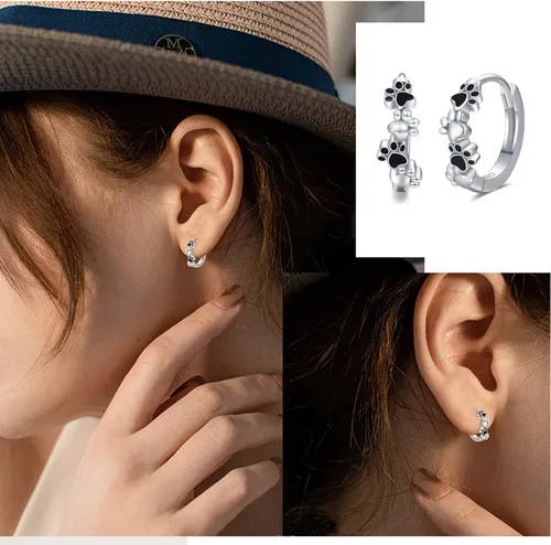 Vista 6 de Aretes de perro para mujer, aretes de aro pequeños de plata de ley con estampado de patas, aretes de aro para cachorros, aretes de pata de gato