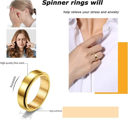 Vista 5 de MOROYA Anillo anti ansiedad chapado en oro de 14 quilates para mujeres y hombres, anillo giratorio de acero inoxidable con caja negra empaquetada