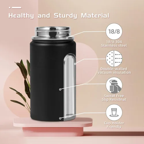 Vista 3 de Volhoply Botella de agua de acero inoxidable aislada de 14 onzas con tapa de pajita y funda de silicona, sin BPA, fácil de usar para niños y niñas