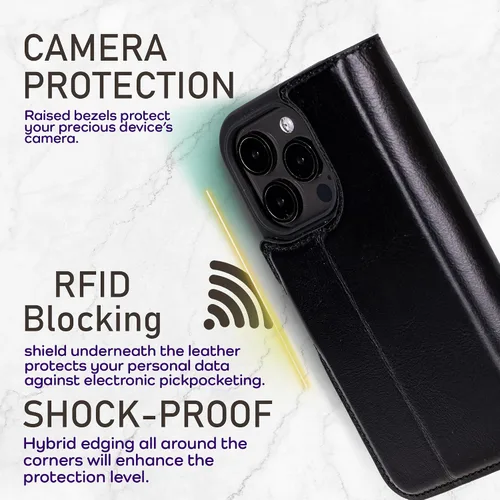 Vista 101 de Bayelon Funda tipo cartera para iPhone 15 Pro, cartera de cuero de grano completo, funda magnética desmontable, tarjetero, funda tipo cartera