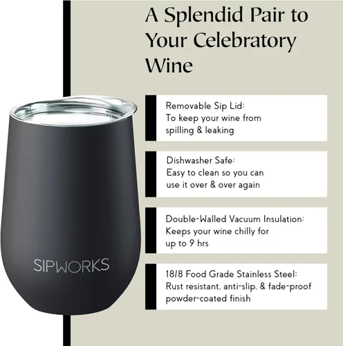 Vista 3 de Sipworks Vaso de vino con tapa, vaso de vino aislado de acero inoxidable de 12 onzas, portátil, resistente a derrames, sin tallo, copa de vino
